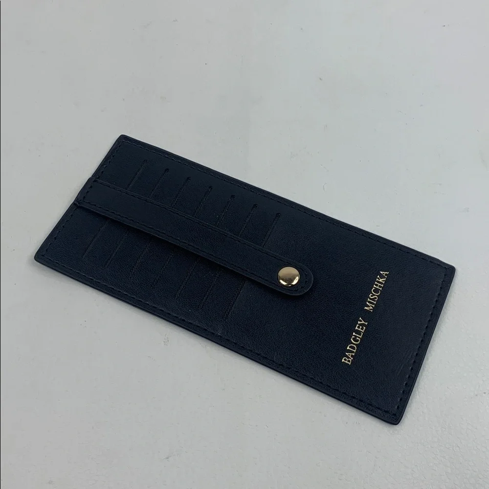 Badgley Mischka black Leather Slim Card holder wallet & Gold button Accent NEW